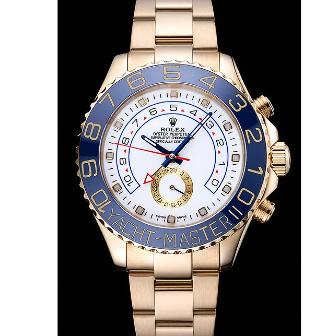 Aaa replica watch Rolex Yachtmaster Bracelet White Bezel II 622271 Blue Gold Dial 0825